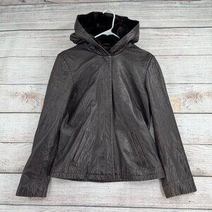 Vintage Ann Taylor Faux‎ Fur Lined Hood Leather Jacket Women's Size Small Brown